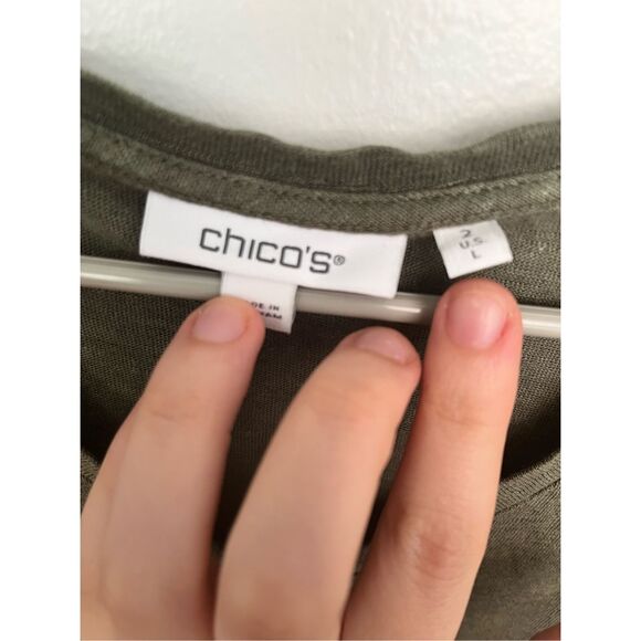 Chico's Large Size 2 Half Sleeve Linen Green Blouse Roll Tab Sleeve Natural NEW - Picture 2 of 4